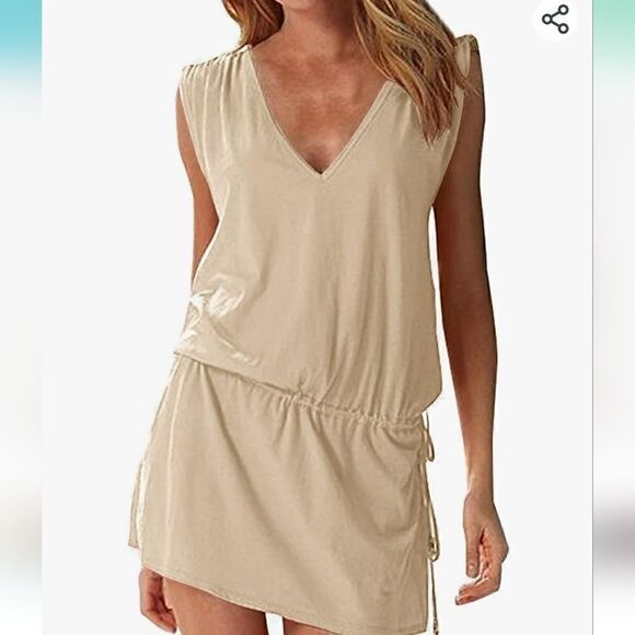 Women's Beach Swimsuit Cover up Deep V-Neck Short Mini Dress Beach Skirt S - Picture 5 of 7